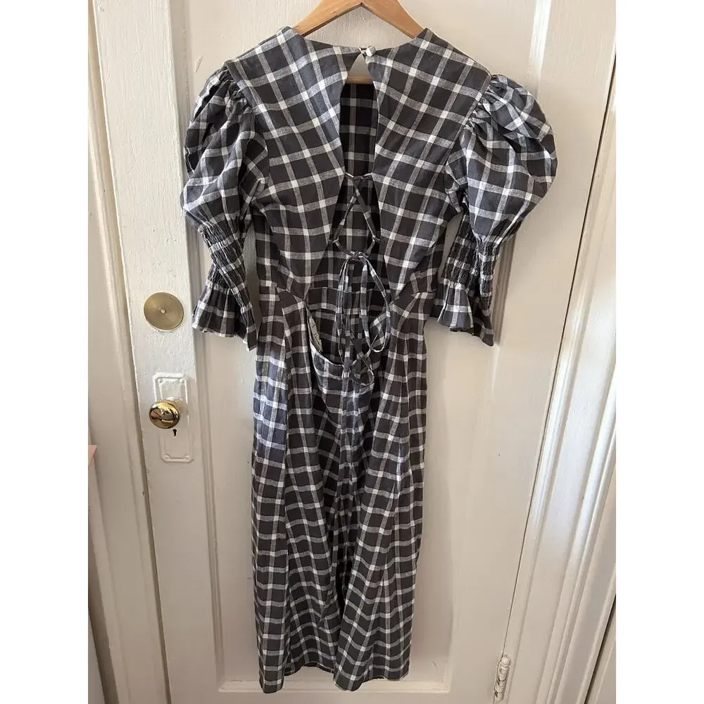 Nary Resort Gray‎ Plaid Puff Sleeve Dress Tie Back Slit | L - Picture 5 of 6